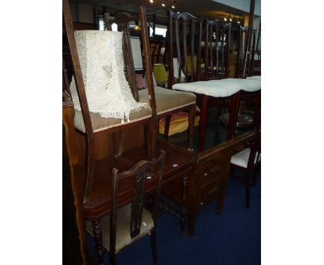 EDWARDIAN FOLD OVER CARD TABLE, seven various chairs and a standard lamp and shade (sd) (9) 