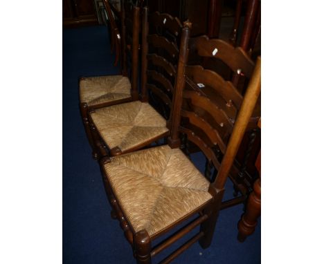 SET OF EIGHT OAK LADDER BACK RUSH SEATED DINING CHAIRS 