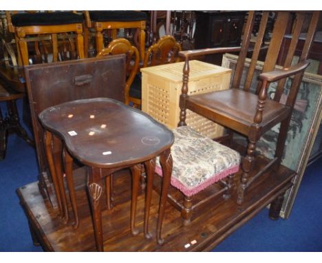 MAHOGANY NEST OF THREE TABLES, oak framed armchair, stool, firescreen and a linen box (5) 