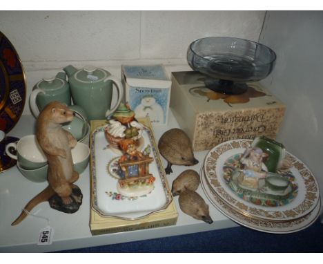 VARIOUS CERAMICS AND GLASS, to include Purbeck Hedghogs and Stoat, Hummel figures, boxed Royal Doulton Mobile etc 