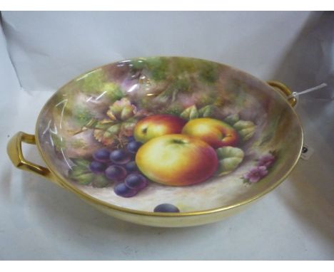 A TWIN HANDLED CHINA BOWL, fruit decorated, signed (A) R. Budd, diameter approximately 24cm
