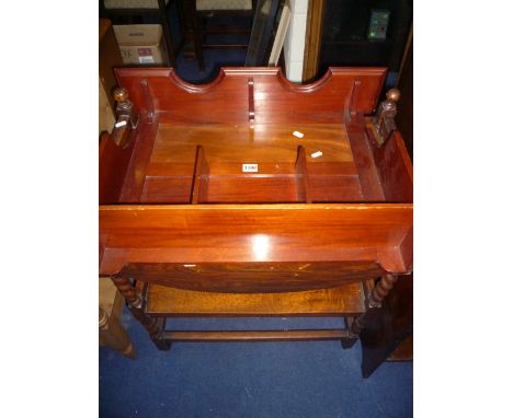 SMALL MAHOGANY WALL HANGING SHELF and an oak barley twist drop leaf tea trolley (sd) (2) 