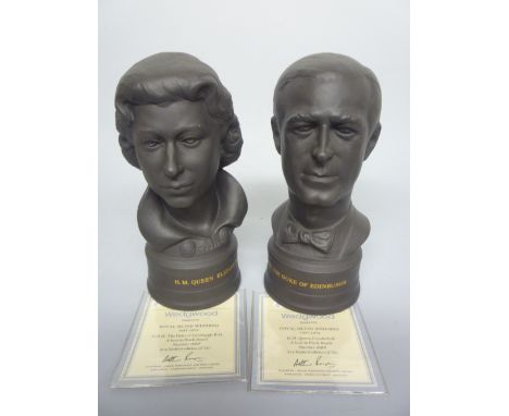 A PAIR OF LIMITED EDITION WEDGWOOD BLACK BASALT BUSTS, commemorating Royal Silver Wedding 1947-1972, 'HM Queen Elizabeth II' 