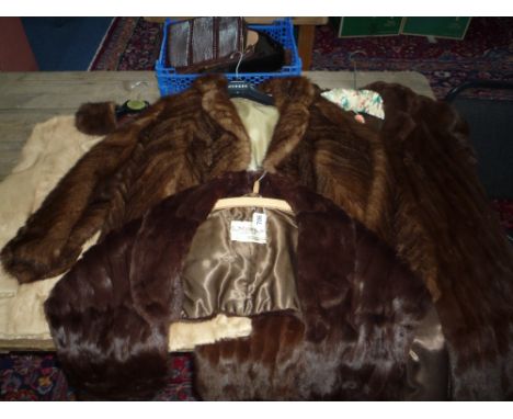 VARIOUS VINTAGE ITEMS, to include double breasted three quarter length fur coat, other coats, hats, muffs etc 