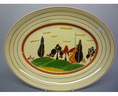 A REPRODUCTION CLARICE CLIFF FOR NEWPORT POTTERY FANTASQUE BIZARRE PLATTER, length approximately 37cm (restorations)