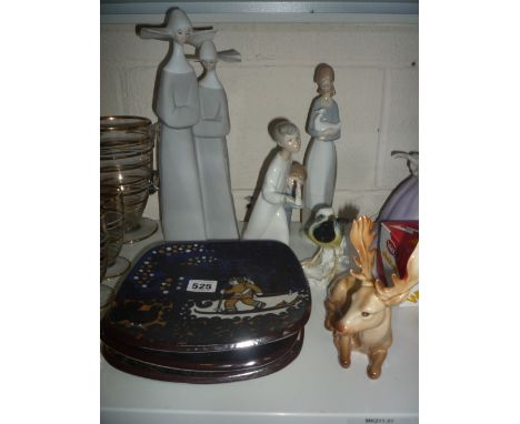 EIGHT ORNAMENTAL ITEMS, to include two Lladro figure groups (one sd), Beswick Stag No 954, three Arabia plates etc 