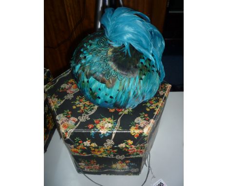 A VINTAGE LADIES FEATHER HAT, of blue/turquoise feathers, in Marshall & Snelgrove hat box 