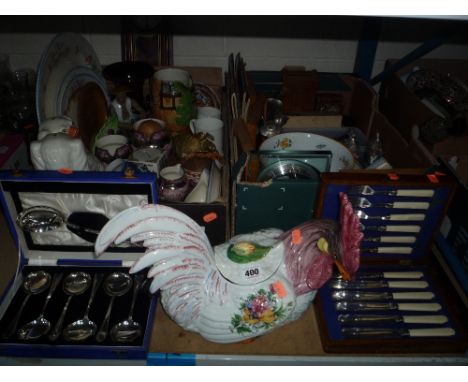 TWO BOXES AND LOOSE CERAMICS, CUTLERY, wall clock, metalwares etc 