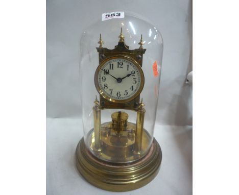 A GUSTAV BECKER BRASS ANNIVERSARY CLOCK UNDER GLASS DOME, height overall approximately 29cm