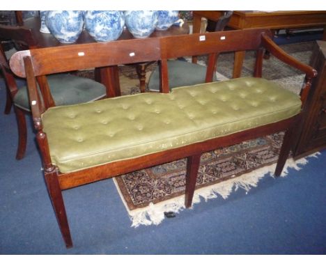 A VICTORIAN MAHOGANY FRAMED TWO SEATER BENCH, with loose seat pad