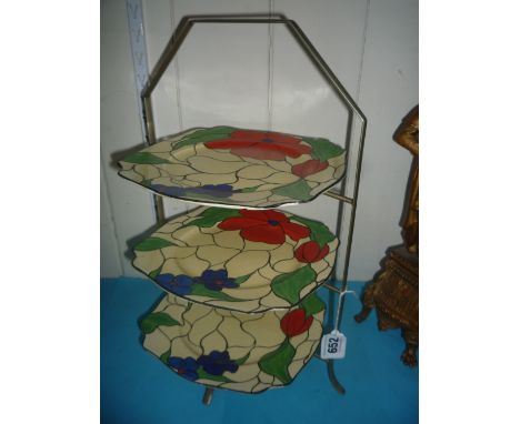 A CLARICE CLIFF BIZARRE FOR NEWPORT POTTERY THREE TIERED CAKE STAND, printed factory marks