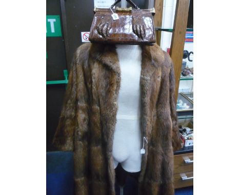 THREE VINTAGE ITEMS, to include two crocodile handbags and ladies long fur coat (3)