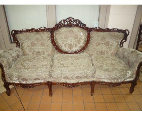 MODERN FRENCH STYLE THREE SEATER SOFA, with pale green upholstered and carved wooden frame 