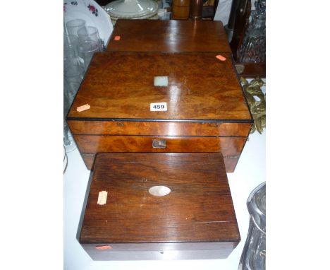 TWO WRITING SLOPES, (both sd) and a mother of pearl inlaid work box (2) 