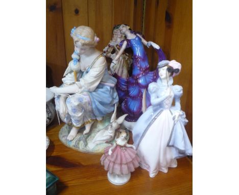 SIX VARIOUS FIGURES, to include Continental bisque figure, marked 'ML' and 356, Royal Worcester 'Masquerade',  Coalport 'Kath