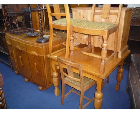 LIGHT OAK DINING SUITE, comprising of draw leaf table, four chairs and a sideboard, 'Nero' label to inner sideboard door (6) 