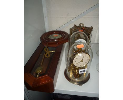TWO DOMED MANTEL CLOCKS, a wall clock (key and pendulum) and an Anniversary clock (4) 