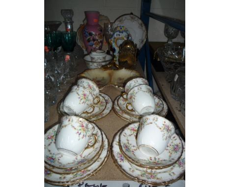 VARIOUS CERAMICS, GLASS, and brass clock to include faience clock surround, teaset etc 