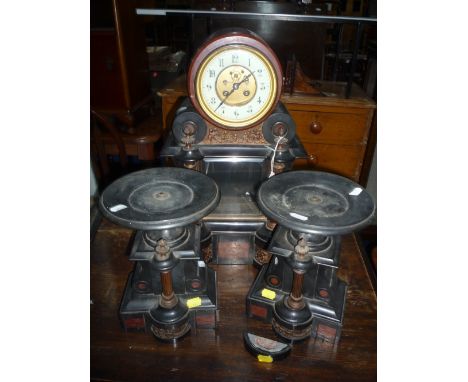 A LATE 19TH CENTURY SLATE, MARBLE AND BRASS MOUNTED CLOCK GARNITURE, clock eight day movement with mercury pendulum striking 