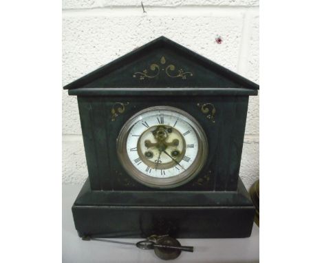 A SLATE MANTLE CLOCK, (key and pendulum)