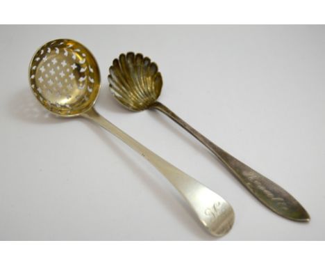 A GEORGIAN SILVER SUGAR SIFTER, Richard Crossley, together with a Russian silver shell bowl ladle (2)