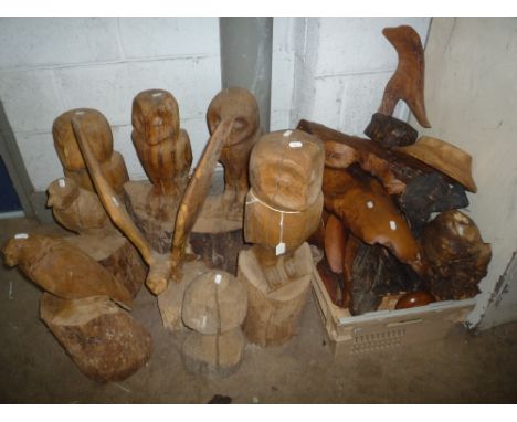 A QUANTITY OF VARIOUS CHAINSAW CARVINGS, including owls and various other wooden items 