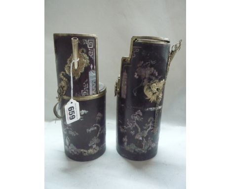 TWO ORIENTAL HARDWOOD OPIUM PIPES, of cylindrical form with mother of pearl figural, landscape and script inlay with white me