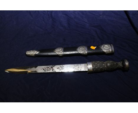 Reproduction Scottish Dirk with 12inch blade with etched scrollwork & thistle detail with leather bound and silver plated mou