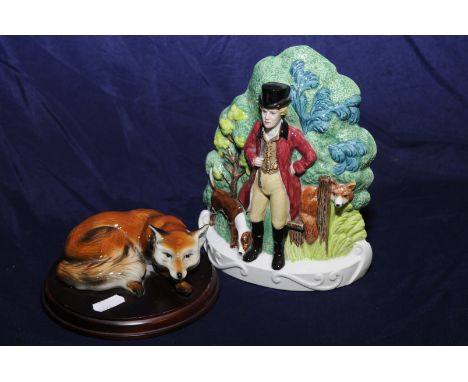 Masons wall plaque depicting huntsman and a ceramic figure of a fox (2)