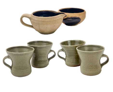 Leach Pottery and Alan BROUGH Four Leach Pottery standard-ware cups, each 7.5cm tall, together with an Alan Brough jug and bo
