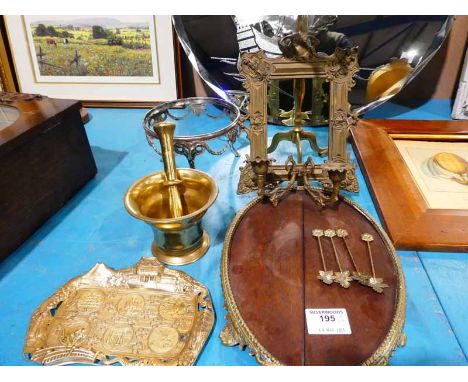 Brass trivet, candle holder frame, pestle and mortar, metal stand, tray and Chinese tray &amp; spoons