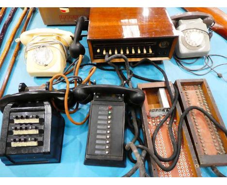 Vintage telephone switchboard equipment and two 1970's telephones