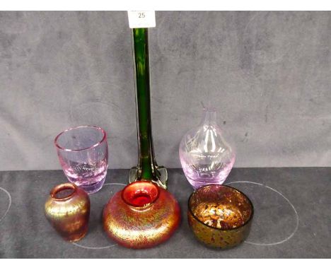 Three items of Brierley irredescent studio glass and three other items of art glass 