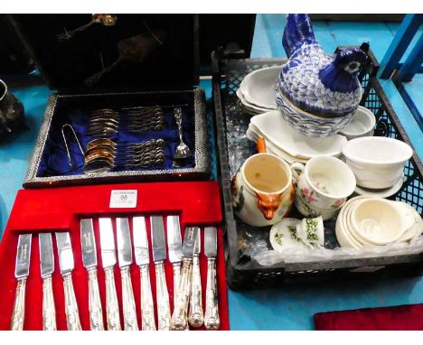 Twelve Kings Pattern Knives, tea and cake service, blue &amp; white hen egg crock, ramekins, corn on cob dishes