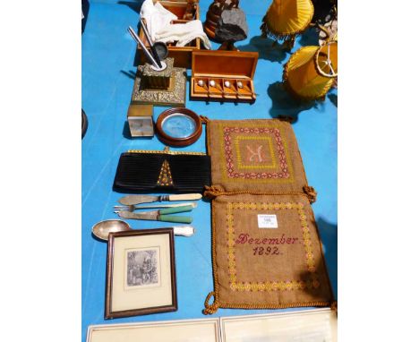 A mixed lot to include Lapidary cut glass oculus with leaping deer, evening bag, Swiza clock, engraving, prints, carved wood 
