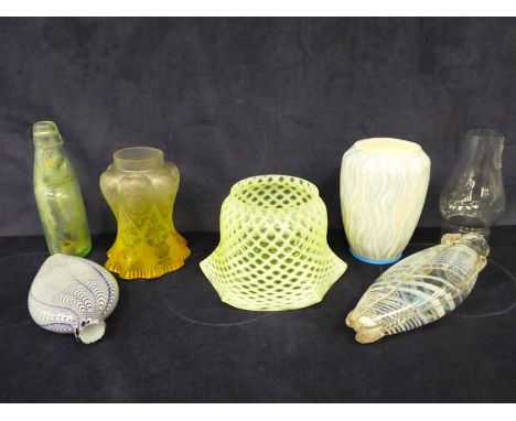 Three glass lamp flues, codd bottle, two vaseline glass shades &amp; two studio glass flasks