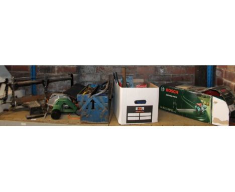 Various modern tools, Richmond fret saw, 39cm wide, a tool chest containing a quantity of various hand tools, tape measures, 