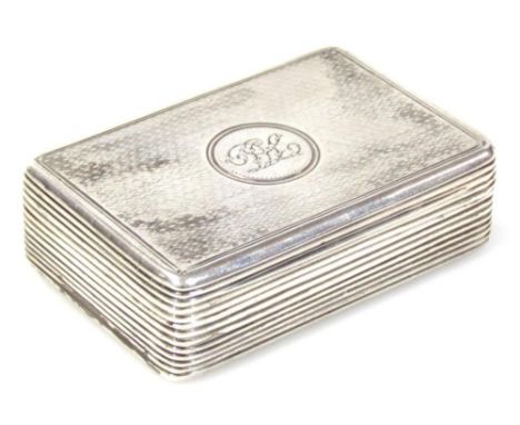 A George III silver gilt snuff box, of oblong outline, partially engine turned with central (initialled) cartouche, with line