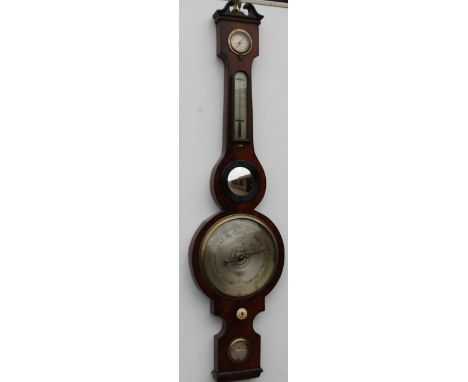 A mid 19thC wheel barometer, by Bernsascoi of Leeds, in mahogany and ebony strung case, with dry damp gauge, thermometer, con