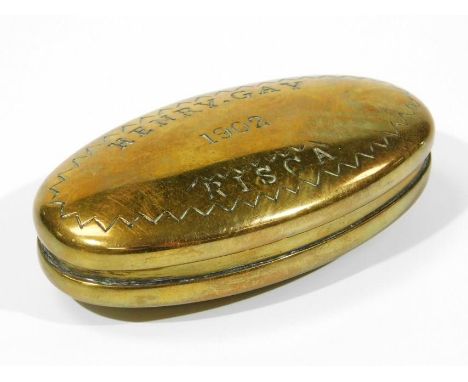 An Edwardian brass snuff box, of oval outline, the hinged lid marked HENRY.GAY 1902 RISCA with an outer line banding and plai