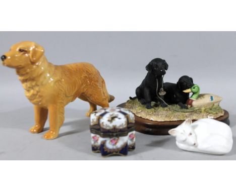 A Border Fine Arts figure group, Labrador Pups With Decoy Duck (black), labelled beneath,  on wooden stand, 19cm wide,  a Syl