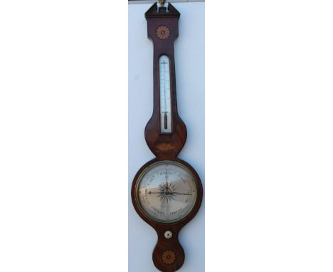 A mid 19thC wheel barometer, by Bienvenu Guernsey, the ebony strung mahogany case inlaid with patera and a shell, with a silv