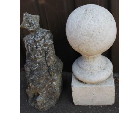 A modern gate finial orb, on inverted stem and square foot, 58cm high, and a stone statue of a gentleman.