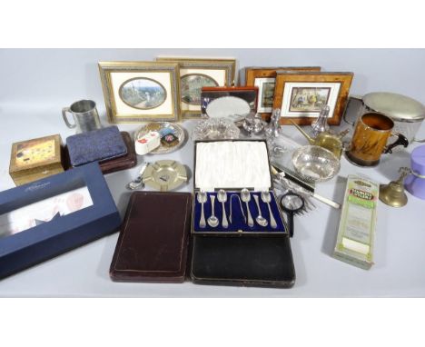 Bygones, collectables, etc., cut glass box with overhanging and angular handles, 15cm high, cutlery cases, some with contents