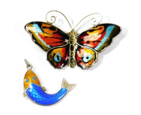 Two items of enamel jewellery, comprising a David Anderson butterfly brooch, and an enamel fish pendant, white metal, unmarke