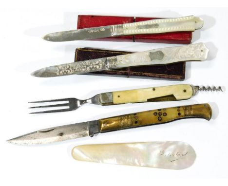 A Victorian silver mother of pearl handled large fruit knife, with bright cut blade and initialled floral handle, Sheffield 1