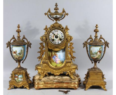 A late 19thC Sevres style clock garniture, comprising of a mantel clock, the 8cm dia Roman numeric dial fancy enamel decorate