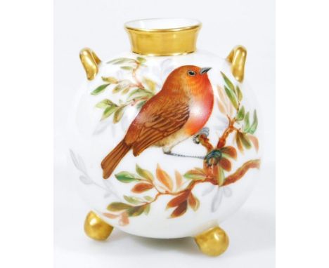 A 19thC Worcester stem vase, the bulbous body handpainted with bird on branch with gilt highlights, possibly by Willerby and 