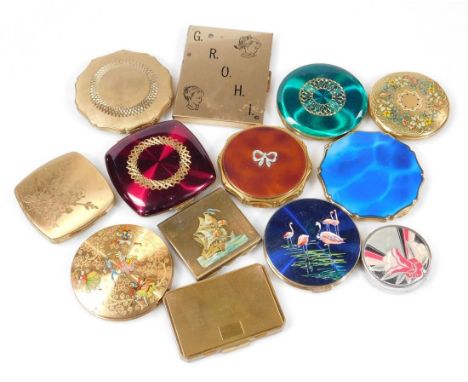 Various powder compacts, to include mid 20thC and other, one enamel finish with flamingos, with thumb mound handle, 9cm high,