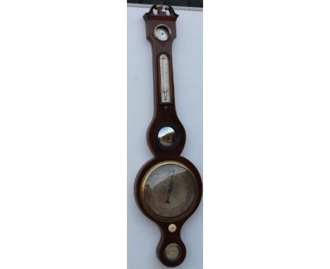 A mid 19thC wheel barometer, by James Maspoli of Hull, the mahogany boxwood and ebony strung case, with dry damp case thermom